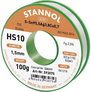 Cyna lutownicza bezołowiowa Stannol HS10 2510 szpula Sn95,5Ag3,8Cu0,7 ROM1 100 g 1.5 mm