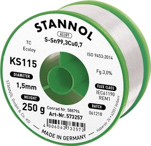 Cyna lutownicza bezołowiowa Stannol KS115 szpula Sn99,3Cu0,7 ROM1 250 g 1.5 mm