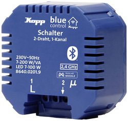 Aktor przełączający Blue-Control, 1-kanałowy, 2-przewodowy, z technologią Bluetooth mesh, 230 V~, 50 Hz, do 200 W/VA, 2,4 GHz, IP20 Element wykonawczy Kopp 8640.0201.9, 1 szt.