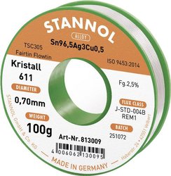 Drut do lutowania miękkiego Stannol Kristall 611 ze stopu Flowtin TSC305 o zawartości topnika 2,5% o średnicy 0,7 mm na szpuli 100g Cyna lutownicza bezołowiowa Stannol Kristall 611 Fairtin bezołowiowa Sn96,5Ag3Cu0,5 REM1 100 g 0.7 mm