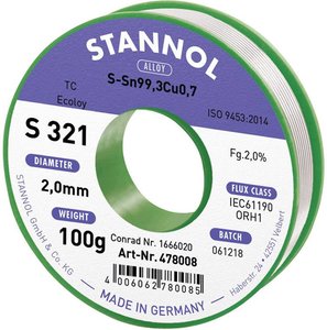 Cyna lutownicza bezołowiowa Stannol S321 2,0% 2,0MM SN99,3CU0,7 CD 100G bezołowiowa, szpula Sn99,3Cu0,7 ORH1 100 g 2 mm