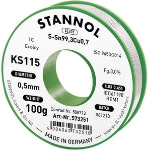 Cyna lutownicza bezołowiowa Stannol KS115 szpula Sn99,3Cu0,7 ROM1 100 g 0.5 mm