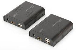 Extender KVM HDMI przez Ethernet - zestaw składa się z nadajnika i odbiornika - zawiera Transmisja audio - USB dla myszki i klawiatury - Full HD 1080p przy 60 Hz, czarny Ekstender (przedłużenie) HDMI, USB Digitus DS-55202, przez kabel sieciowy RJ45