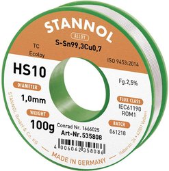 Cyna lutownicza bezołowiowa Stannol HS10 2,5% 1,0MM SN99,3CU0,7 CD 100G bezołowiowa, szpula Sn99,3Cu0,7 ROM1 100 g 1 mm