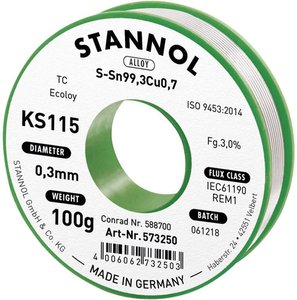 Cyna lutownicza bezołowiowa Stannol KS115 szpula Sn99,3Cu0,7 ROM1 100 g 0.3 mm