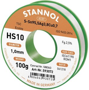 Cyna lutownicza bezołowiowa Stannol HS10 2510 szpula Sn95,5Ag3,8Cu0,7 ROM1 100 g 1 mm