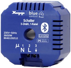 Aktor przełączający Blue-Control, 1-kanałowy, 3-przewodowy, z technologią Bluetooth mesh, 230 V~, 50 Hz, 3600 W, 2,4 GHz, IP20 Element wykonawczy Kopp 8640.0301.0, 1 szt.