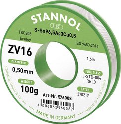 Drut do lutowania miękkiego Stannol ZV16 ze stopu TSC305 o zawartości topnika 1,6% o średnicy 0,5 mm na szpuli 100g Cyna lutownicza bezołowiowa Stannol ZV16 bezołowiowa Sn96,5Ag3Cu0,5 REL0 100 g 0.5 mm