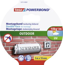 tesa Powerbond® Outdoor Dwustronna taśma montażowa — odporna na warunki atmosferyczne, mocna przyczepność (do 1 kg na 10 cm), do różnorodnych zastosowań zewnętrznych Taśma montażowa tesa tesa® Powerbond 55751-00001-03 OUTDOOR (D x S) 5 m x 19 mm 5 m 1 szt