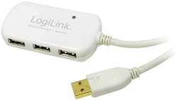 Przedłużacz USB 2.0 LogiLink UA0108, [1x złącze męskie USB-A 2.0 - 4x złącze żeńskie USB-A 2.0], 12.00 m, biały