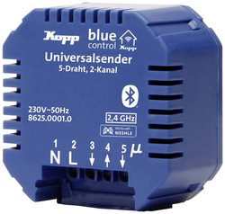 Nadajnik uniwersalny Blue-control, 2 kanały, do podłączenia do lub za konwencjonalnymi przyciskami, przełącznikami lub czujnikami z wyjściem bezpotencjałowym, 2,4 GH Siłownik Kopp 8625.0001.0, 1 szt.